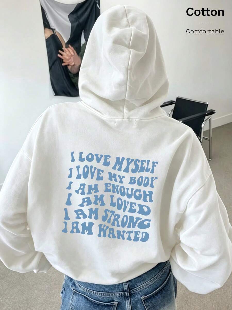 Oversized Women's Sweatshirt For Autumn And Winter, Long-Sleeve Hoodie With Pockets, Casual Top, Y2k Style, Daily Letter Slogan Graphic, Black Unisex - White - View 1