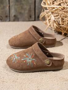 1 Pair Round Toe Embroidered Firework Camel Color Flat Shoes, 2-In-1 Wear, Suitable For School, Party, Casual, Beach Vacation And Other Occasions, Runs Half Size Small - Camel - View 5