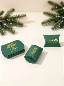 12PCS/Green Christmas Pillow Paper Boxes Gold Hot Stamping 4.53x2.76 Inch Xmas Candy Gift Box 6 Designs Holiday Party Favor Small Present Packaging Box - View 9