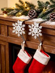2pcs Snowflake Christmas Stocking Hooks/Metal Stocking Holder With Weighted Base, Suitable For Fireplace/Mantel Christmas Stocking Hooks (Silver) - Hook Up - View 2