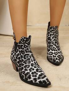 Women's Ankle Chelsea Boots, Pointed Toe Elastic Band Slip-On Low Heel, Versatile Daily Wear Autumn/Winter Shoes - Leopard Print Black - View 6