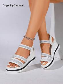 Women's White Plus Size Lightweight Wedge Sandals With Elastic Strap, Fashionable And Comfortable Valentines,Spring Summer Outfits - White - View 1