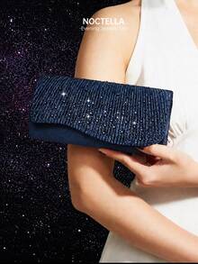 Noctella Shiny Rhinestone Women's Envelope Clutch Evening Bag, Luxury Women's Party Shoulder Bag Ball Bag, Paired With Shiny Rhinestone Pendant 2 Pieces Set, Rhinestone Pendant Necklace, Earrings, Suitable For Party, Gathering, Evening Banquet, Ball - Navy Blue - View 4