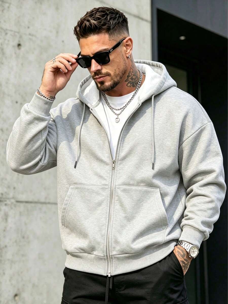 Men's Casual Zip-Up Baseball Collar Jacket, Long Sleeve Top, Street Style Racing Jacket, Gift For Friends, Husbands, Boyfriends, Suitable For Autumn/Winter - Light Grey - View 1