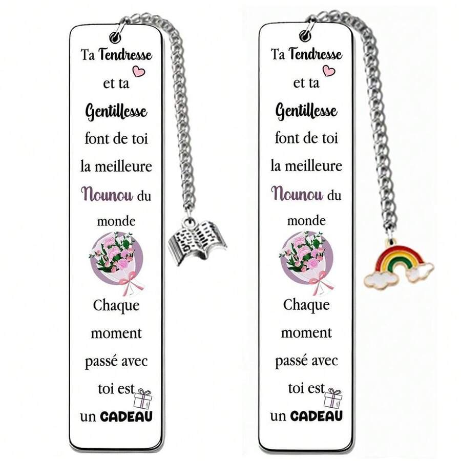 2pcs Colorful Pattern Metal Bookmarks "World's Best Nanny" French Gratitude Message, With Creative Pendant Hanging Rope, Teacher's Day Daycare Teacher Commemorative Gift, Graduation Season Thank You Gift, Birthday Holiday Gift For Mentor And Caregiver, Exquisite Gift For Book Lovers - Rectangle - View 1