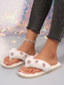 Glam Heart Rhinestone Decor Open Toe Slippers For Women Cozy Indoor Home Slides Party Daily Wear - Pink - View 3