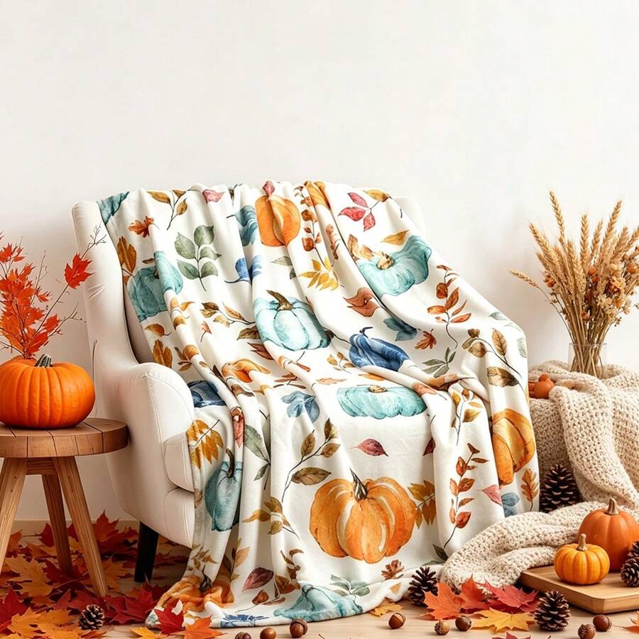 1pc Watercolor Pumpkin Autumn Leaves Digital Print Flannel Blanket - Modern Style, Cartoon Theme, Soft Polyester Knitted Fabric, Comfortable For All Seasons, Multi-Purpose, Suitable For Sofa, Bed, Travel, Camping, Chair, Gift Blanket - Multicolor - View 1