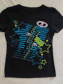 Graphic T-Shirt For Teenage Girls, Short T-Shirt, Round Neck And Short Sleeves With Neon Star, Lightning Bolt And Small Skull Print, Y2K Streetwear Su - Black - View 1