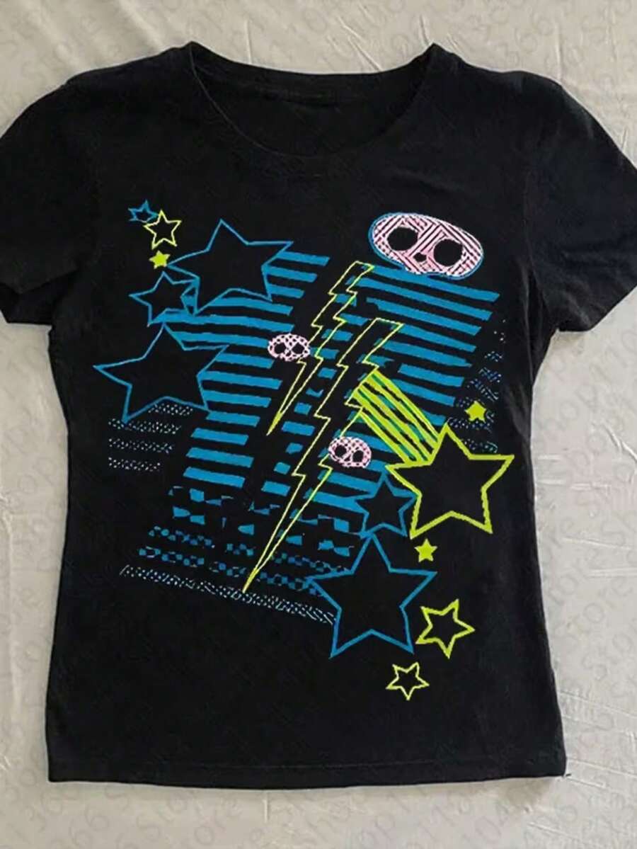 Graphic T-Shirt For Teenage Girls, Short T-Shirt, Round Neck And Short Sleeves With Neon Star, Lightning Bolt And Small Skull Print, Y2K Streetwear Su - Black - View 1