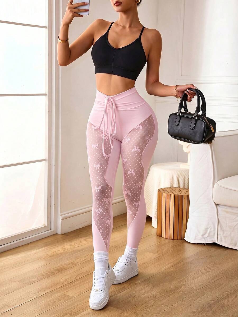 New Women's Patchwork Mesh Yoga Leggings, Drawstring Waist Design, Tummy Control & Butt Lift High Elastic Fabric, Suitable For Yoga, Outdoor Sports, Daily Wear