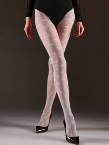 1 Pair Plus Size Women's Micro-Compression Elastic Fishnet Tights, Fashionable Multi-Color Heart Jacquard Versatile Slimming Pantyhose, Sexy Hollow Out Net Stockings For Halloween, Christmas, All Seasons - Multicolor - View 14