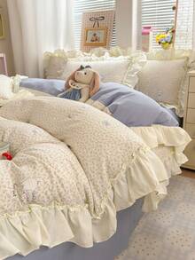 4pcs Cute Cat Floral Bedding Set, Ruched Lace Design, Soft And Comfortable Bedroom Bedding, Breathable Soft All-Season Bedding Set, Includes 1 Duvet Cover, 1 Bed Sheet, 2 Pillowcases, No Filling, Suitable For Dorm, Bedroom Home Use, Multiple Size Options - Beige - View 4