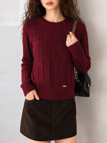 Women's Autumn/Winter Casual Minimalist Classic Thin Striped Design Loose Round Neck Pullover Sweater - Magenta - View 3