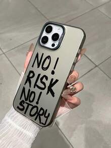 1pc NO!RISK NO!STORY English Phone Case, Silver Gray Background With Personalized Inspirational Text Print, Black Edge Raised Lens Full Coverage Anti-Drop Soft Back Hard Shell, Suitable For Valentine's Day, Easter, Mother's Day, Thanksgiving, Christmas, New Year, Birthday, Back To School Season Multiple Occasions Gift Choice; Compatible With IPhone Case & Galaxy Case - Black - View 6