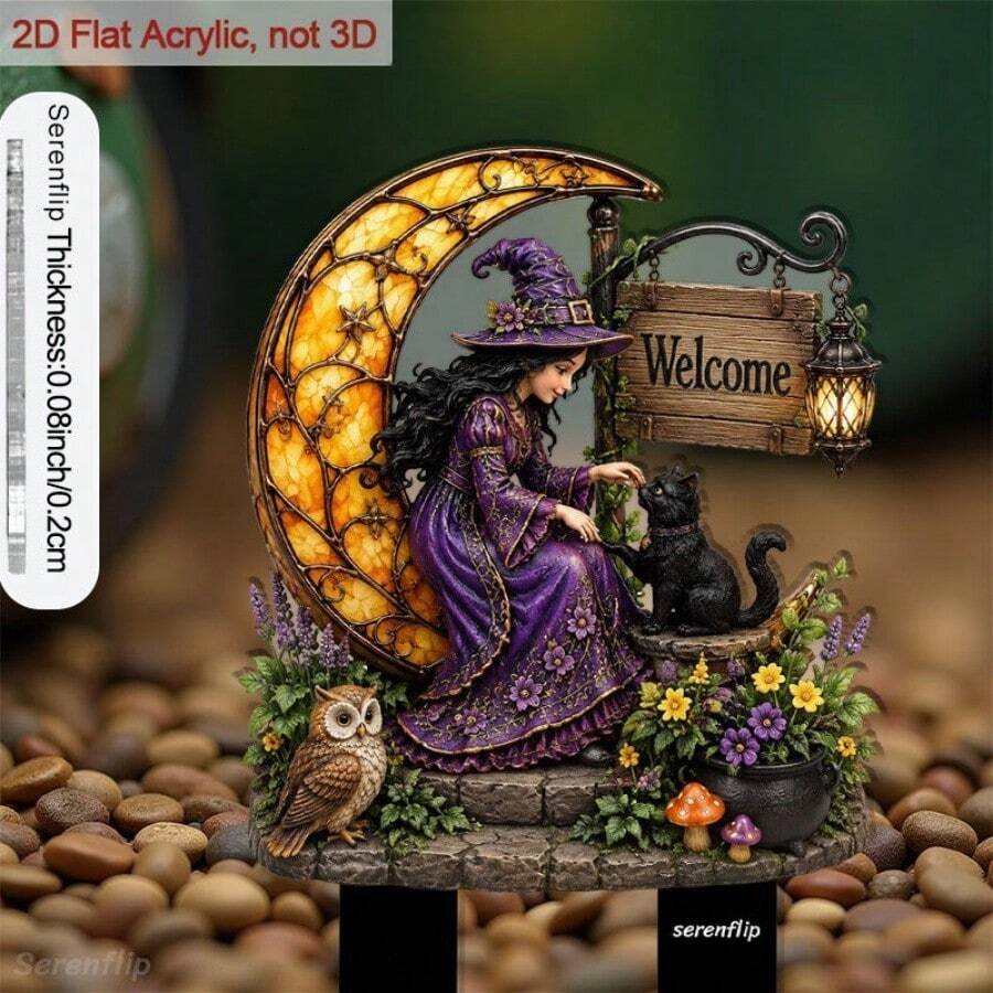2D Flat [2D Flat] 1pc 2D Flat Acrylic Plug-In, With Pointed Tip, For Decorating Flower Pots And Garden Paths, Featuring Witch, Cat, Owl And Flowers - C - View 1