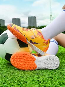 Kids Hook & Loop TF Studded Soccer Shoes, Splatter Color Block Graffiti Design, Non-Slip Training Sports Shoes For Boys & Girls - Orange - View 7