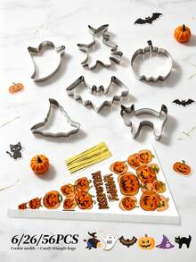 6/26/56Pcs Halloween Cookie Cutter & Candy Triangle Bag Set, Spooky Ghost Bat Pumpkin Witch Hat Cat Shaped Metal Biscuit Molds With Printed Treat Bags, For DIY Baking, Party Favors & Hand‑Made Clay Projects - View 1