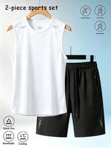男士運動背心短褲套裝，熱門跑步健身運動兩件套，印花無袖T恤與長褲，夏季休閒套裝 - 白色 - 查看 2
