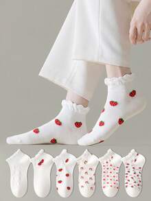 ZUJO 5 Pairs Women's Mesh Lace Ruffle Hollow Cable Knit Short Socks, Floral Bow Cherry Strawberry Pattern, Simple & Comfortable, Suitable For Spring, Autumn, Summer - Multicolor - View 1