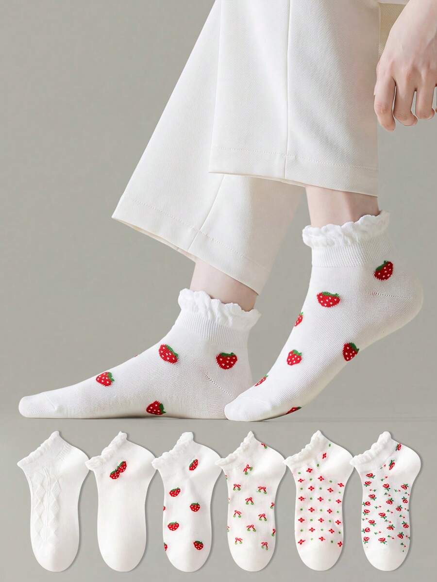 ZUJO 5 Pairs Women's Mesh Lace Ruffle Hollow Cable Knit Short Socks, Floral Bow Cherry Strawberry Pattern, Simple & Comfortable, Suitable For Spring, Autumn, Summer - Multicolor - View 1