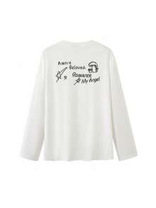 Women's American Vintage Round Neck Star & Letter Print Long Sleeve T-Shirt, Loose Fit Design Base Layer Top For Autumn - White - View 9