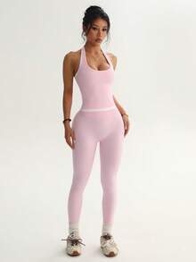 Women's 2 Pieces Halter Neck Yoga Set, 2 In 1 Cropped Top, High-Waist Peach Butt Lifting Leggings, Elastic Ribbed Workout Set, Suitable For Gym, Daily Wear And Street Style - Pink - View 7