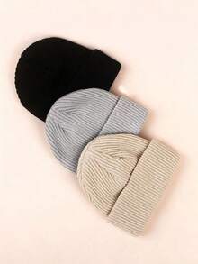 3pcs Pack Unisex Kids Knit Solid Color Warm Beanie Hats,Suitable For Autumn And Winter - Multicolor - View 8