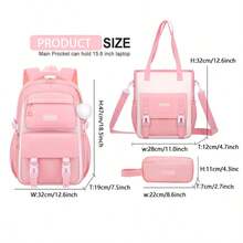 3pcs Highly Attractive Women's Backpack, Handbag And Storage Pouch Set, With Pom Pom Pendant And Small Badge, Backpack And Handbag Both Have Multiple Compartments And Pockets, Back Pocket, Suitable For Campus, Travel, Outing, Camping, Beach, Birthday And Holiday Gift Choice. - Sets - View 2