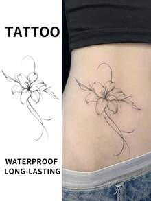 Fine Line Lily Floral Temporary Tattoo Stickers, Delicate Sketch Flower Fake Tattoos, Waterproof Long Lasting Body Art Decoration For Adult Men Women, Minimal Botanical Tattoos For Waist Hip Rib Lower Back Collarbone - Black - View 2