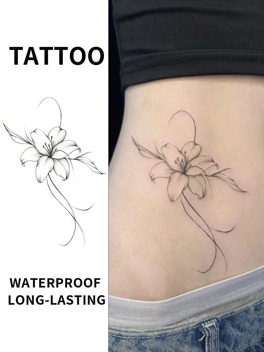 Fine Line Lily Floral Temporary Tattoo Stickers, Delicate Sketch Flower Fake Tattoos, Waterproof Long Lasting Body Art Decoration For Adult Men Women, Minimal Botanical Tattoos For Waist Hip Rib Lower Back Collarbone
