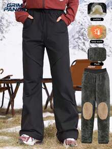 GRIM PANDA Women's Winter Fleece Lined Straight Leg Ski Pants, Elastic Drawstring Waist Thickened Warm Long Pants, Suitable For Outdoor Cold Weather Skiing, Camping, Hiking - Black - View 1