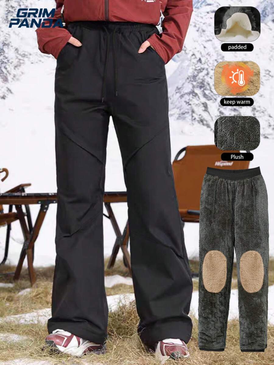 GRIM PANDA Women's Winter Fleece Lined Straight Leg Ski Pants, Elastic Drawstring Waist Thickened Warm Long Pants, Suitable For Outdoor Cold Weather Skiing, Camping, Hiking - Black - View 1
