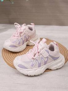 Children's Mesh Chunky Sneakers, Pink & Purple Colorblock Soft Sole Anti-Slip Hook & Loop Girls' Lightweight Casual Sports Shoes - Pink - View 3