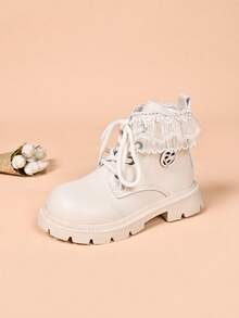 Girls' Sweet Cool Style Black Boots With Lace Trim, Badge, Thick Sole, Anti-Slip And Side Zipper - White - View 7