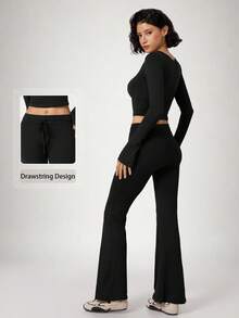 NcmRyu Women's One Set Autumn/Winter Solid Color Short Long Sleeve Drawstring Waist Flare Pants Sports Outfit - Black - View 11