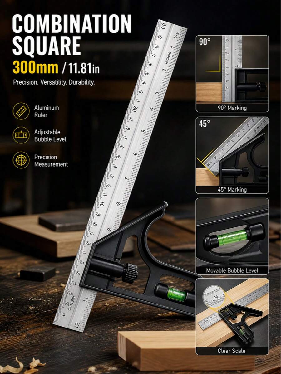 300mm Aluminum Alloy Combination Square With Level, Adjustable 90/45 Degree Woodworking Measuring Tool - Multiple Styles - View 1