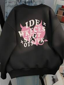 Sweet Cool Style Pink Heart & Devil Horn Text Print Black Crew Neck Sweatshirt, Lazy Long Sleeve Autumn Top For Students - Black - View 2