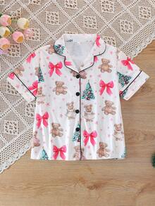 2pcs/Set Christmas Children's Short Sleeve Pajama Set, Flame Retardant Fabric, Christmas Tree Cartoon Bear Print Pattern, Lapel Short Sleeve Cardigan And Long Pants Set, All Season Wear, Home Wear, Comfortable And Loose, Girls Medium And Large Children - White - View 3
