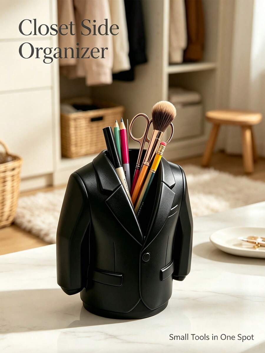 Unique Black Suit Design Desktop Organizer, Makeup Brush & Pen Storage Holder, Decor Vanity Desk Container, Practical Desk Accessory For Home Office, Cool Decor Gift For Friends & Colleagues - Multicolor - View 1