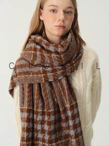 1pc Women's Fashion Versatile Plaid Multicolor Patchwork Polyester Scarf, Warm For Autumn/Winter, Daily Wear - Blue Camel - View 5