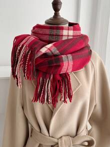 1pc Plaid Casual Polyester Scarf For Autumn/Winter - 7#Red - View 1