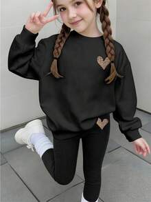 2pcs Set Suitable For Girls Big Tween Girl Round Neck Sweatshirt And Leggings Outfit, Leopard Print Heart Pattern Round Neck Sweatshirt + Leggings Set, Suitable For Autumn/Winter, Campus Style, Homecoming Outfit - Multicolor - View 11