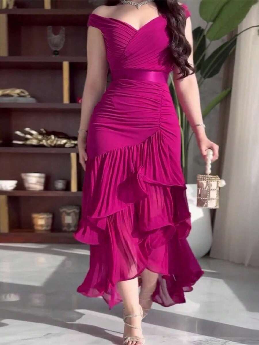 Vestidos de fiesta elegantes mujer nueva colección europea color liso dulce cintura alta ajustada hombro asimétrico fruncido falda irregular con volantes vestidos elegantes largos - Rosa Fucsia - Ver 1