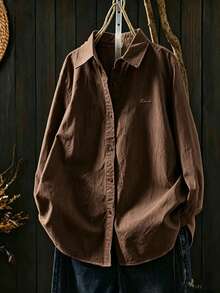 Women's Letter Embroidered Button Shirt, Casual - Brown - View 1