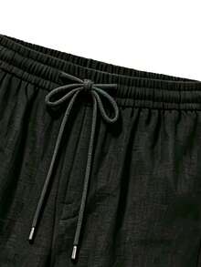 Men's Linen Straight Wide Leg Pants, Elastic Drawstring High Waist, Draped Loose Breathable Linen Casual Long Pants, Sporty Black - Black - View 6