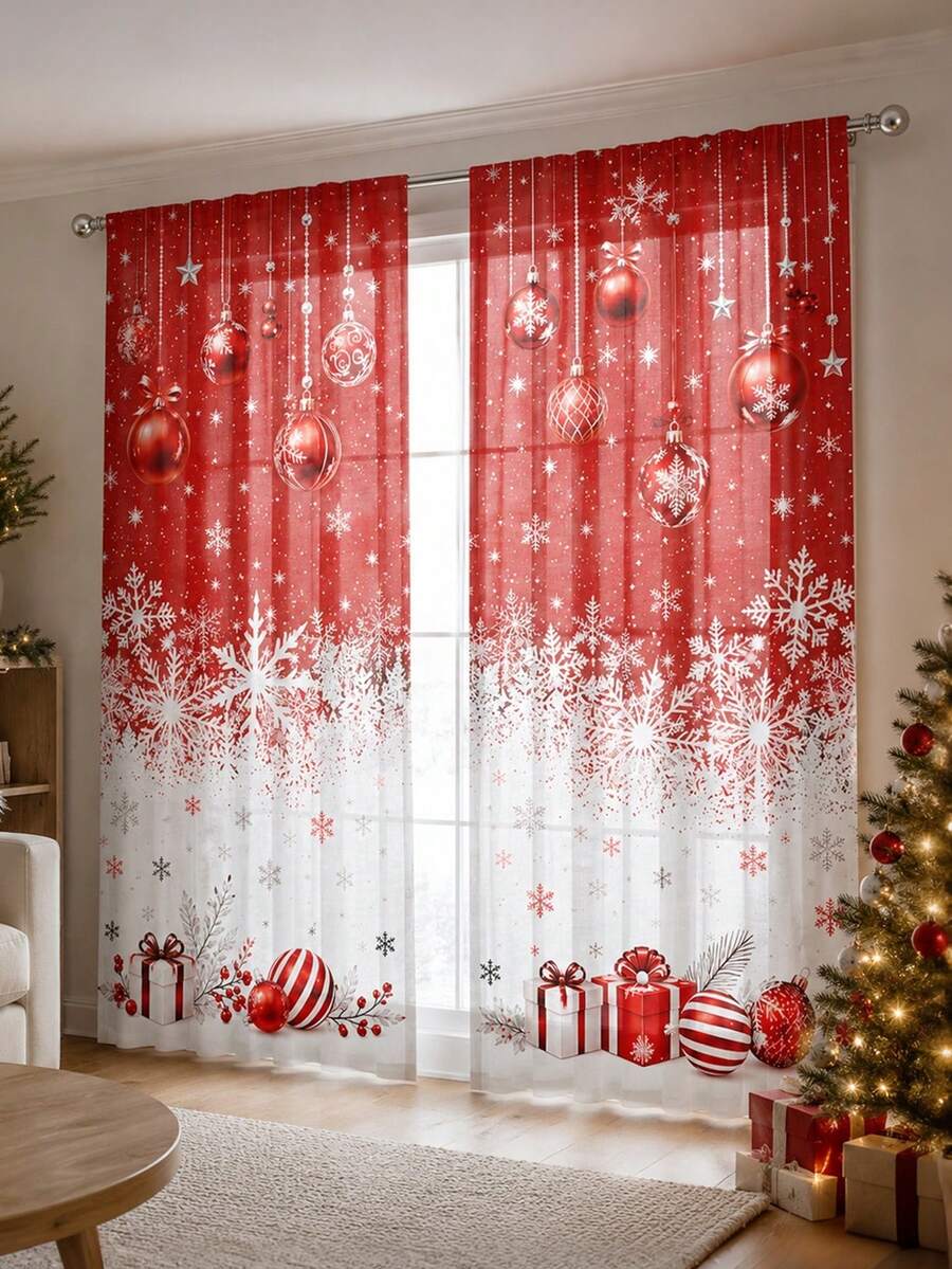 2Pcs Classic Red Christmas Decorative Curtains, Snowflake & Christmas Ball Gift Print, Living Room Holiday Blackout Curtains - Multicolor - View 1