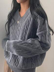 EAVA 女款極簡 V 領寬鬆休閒針織上衣，低調老錢風，情人節 - 灰色 - 查看 2