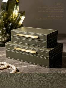 2pcs Set Large Capacity Cross-Stitch PU Leather Jewelry Box, Gold Metal Handle Olive Green Rectangular Luxury Accessory Storage Organizer, Bedroom Vanity Decor Holiday Gift - Olive Green - View 9