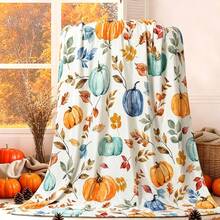 1pc Watercolor Pumpkin Autumn Leaves Digital Print Flannel Blanket - Modern Style, Cartoon Theme, Soft Polyester Knitted Fabric, Comfortable For All Seasons, Multi-Purpose, Suitable For Sofa, Bed, Travel, Camping, Chair, Gift Blanket - Multicolor - View 2