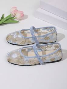 Women's Fashion Flat Mary Jane Shoes, Breathable Hollow Mesh Summer Square Toe, Floral Pattern Embroidery Design, Comfortable For Travel, Vacation And Mother's Day - Baby Blue - View 7